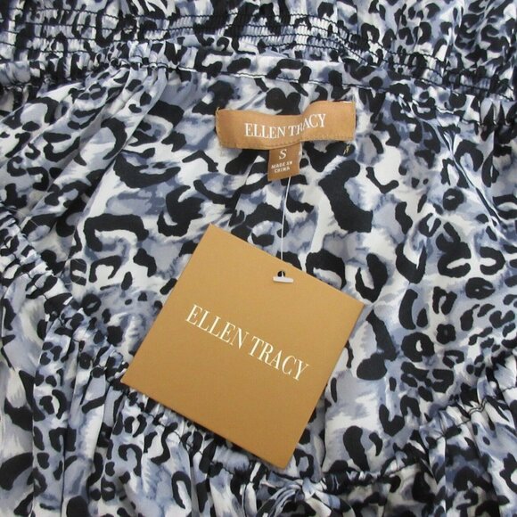 Ellen Tracy Womens Blouse Small Black Animal Print Gathered Peplum Silky Keyhole - Picture 4 of 10